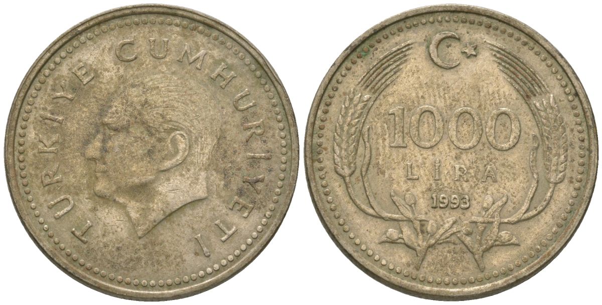 Турция 1000 лир 1993 Кемаль Ататюрк KM 97 медь цинк никель 4605-134