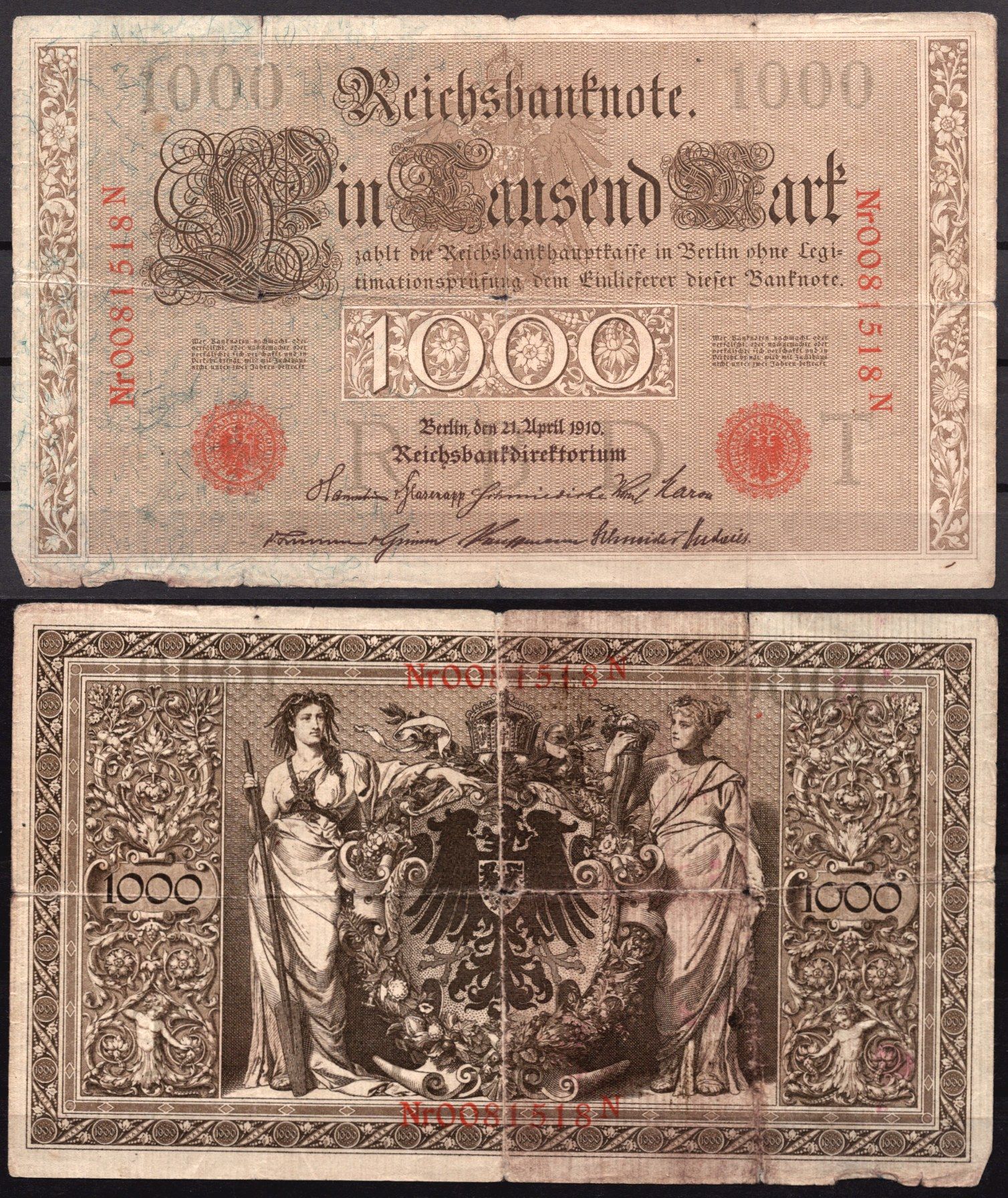 Германия 1000 марок 1910 Берлин,N; аллегорические фигуры («Мореплавание» и «Земледелие»), герб Pick 44 b бумага 7547-85-2-2