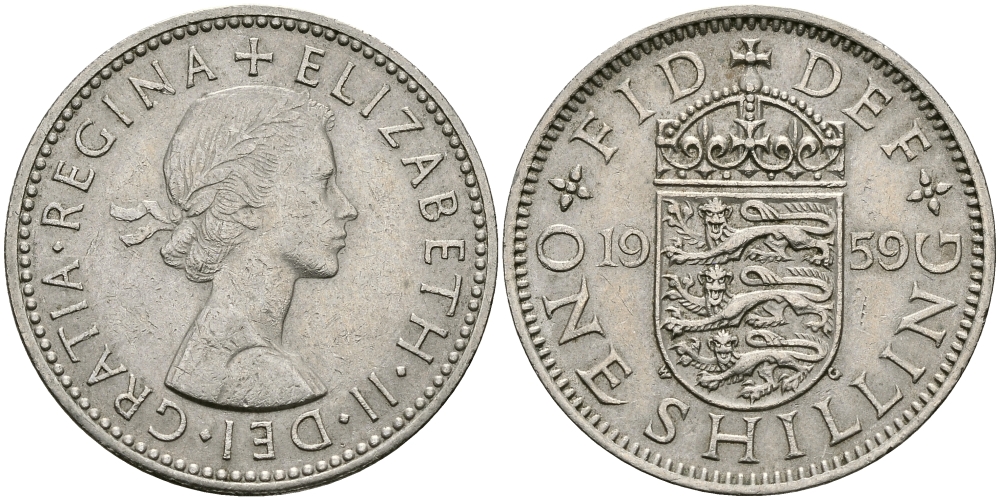 Великобритания 1 шиллинг 1959 Елизавета II (1952-2022), Английский герб KM 904, Spink 4147 медно-никель 94-534