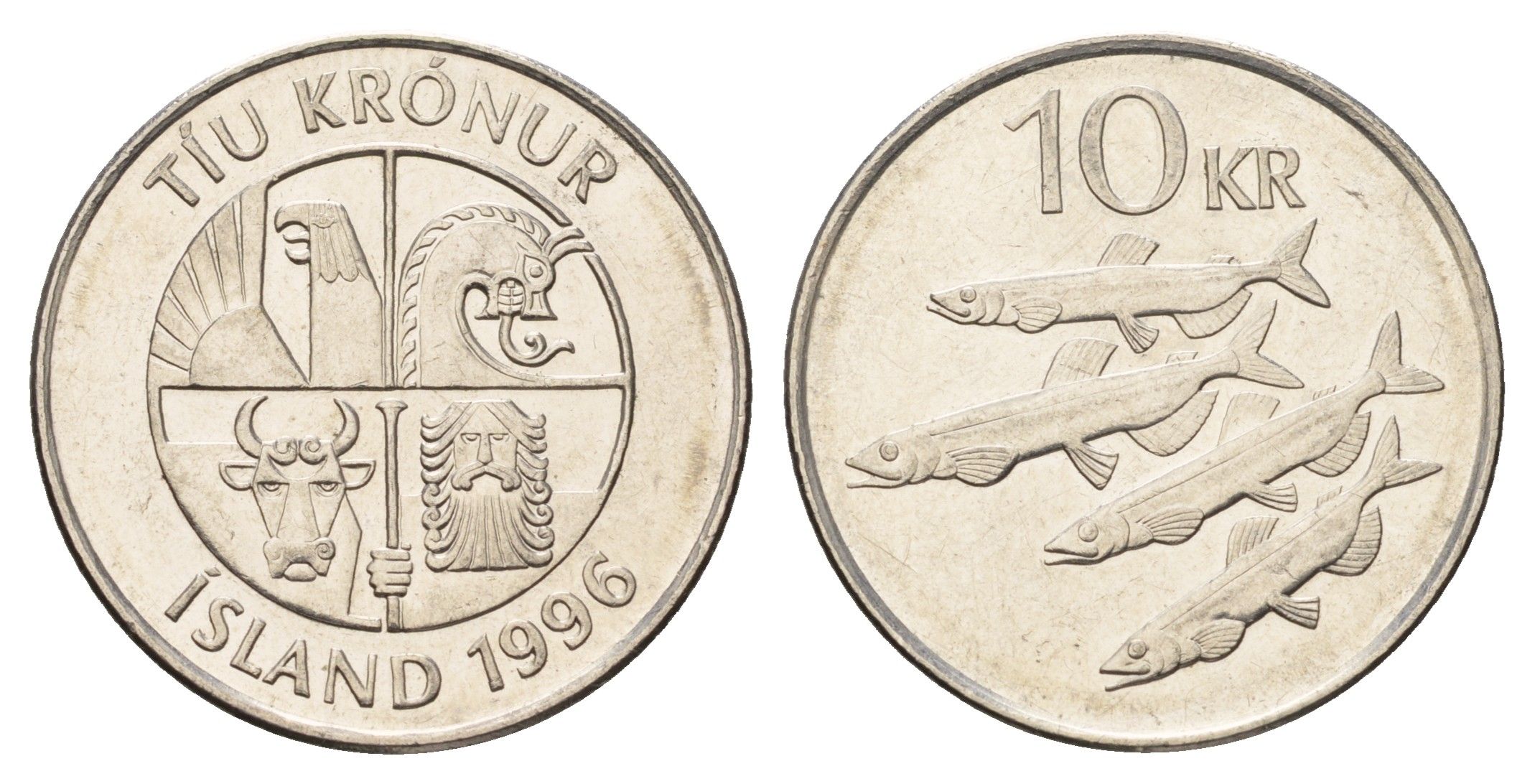 Исландия 10 крон 1996 рыбы KM 29.1a сталь плакированная никелем UNC 4691-244