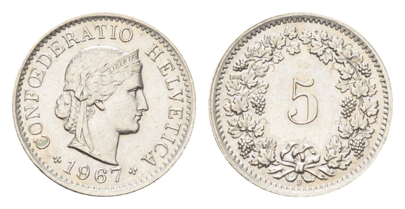 Швейцария 5 раппенов 1967 B KM 26 медно-никель 4705-1257