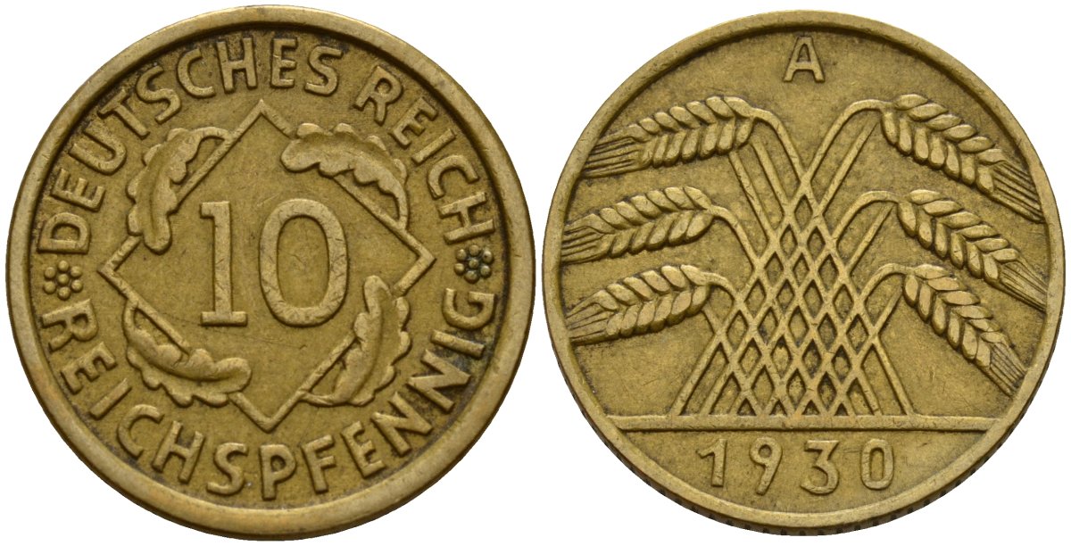 Германия 10 рейхспфеннигов 1930 A KM 40, J. 317 алюминиевая бронза 4187-1032