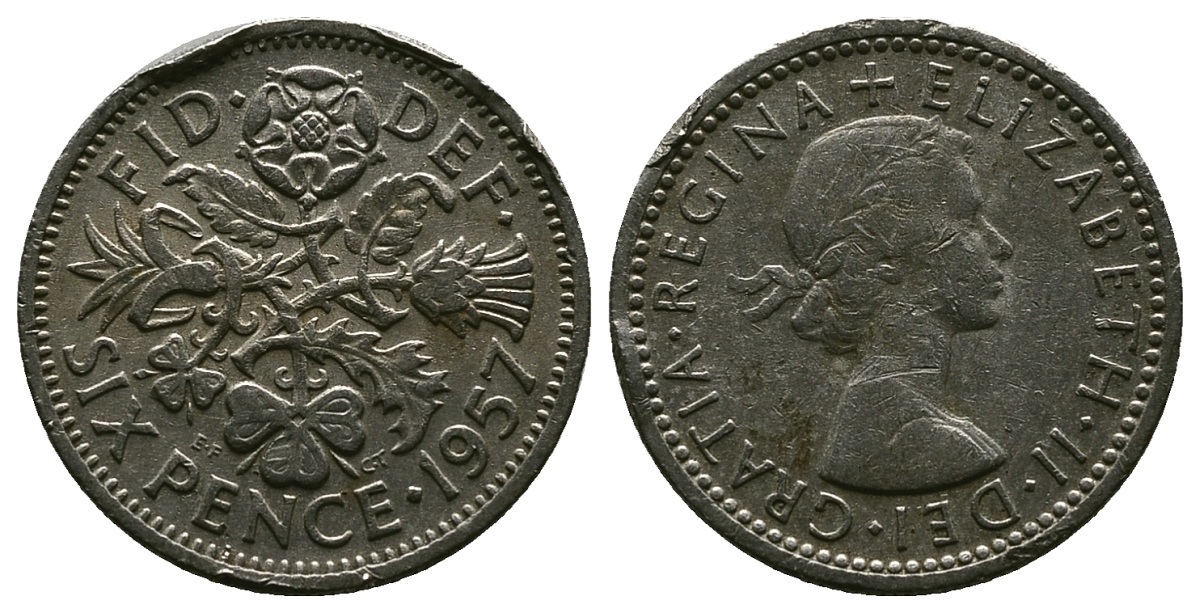 Великобритания 6 пенсов 1957 Елизавета II (1952-2022) KM 903, Spink 4149 медно-никель 4381-663