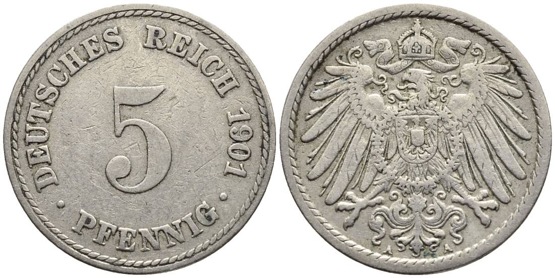 ГЕРМАНИЯ 5 ПФЕННИГОВ 1901 A KM 11, Jager 12, Weege 6 медно-никель 4547-416