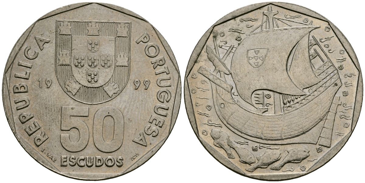 Португалия 50 эскудо 1999 KM 636 медно-никель 4111-1122