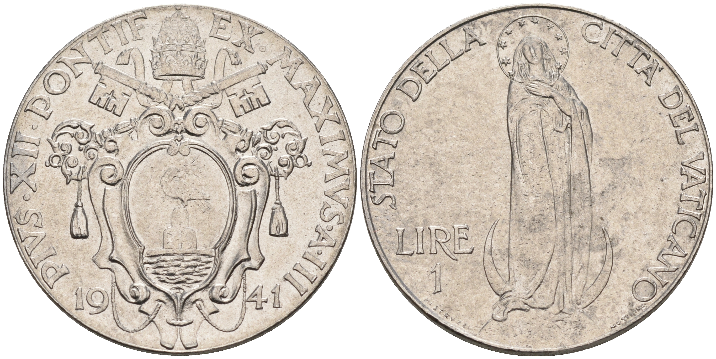 Ватикан 1 лира 1941 Пий XII, Дева Мария KM 26 a сталь UNC 63-715