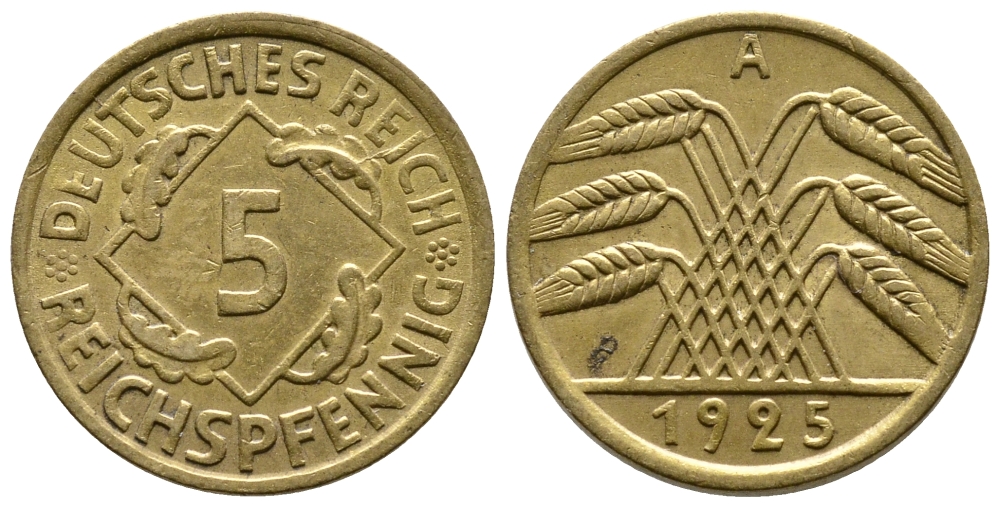 Германия 5 рейхспфеннигов 1925 A KM 39, J. 316, Weege 7 алюминиевая бронза 80-753