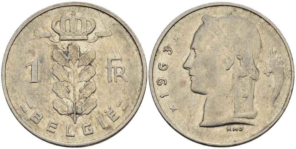 БЕЛЬГИЯ 1 ФРАНК 1963 BELGIE KM 143.1 медно-никель 4546-354