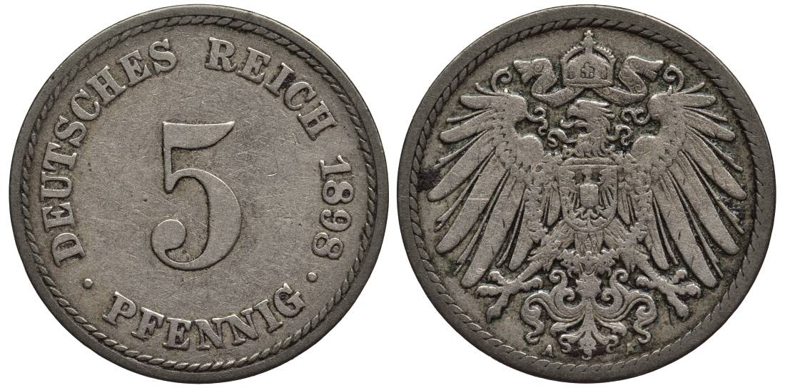 ГЕРМАНИЯ 5 ПФЕННИГОВ 1898 A KM 11, Jager 12, Weege 6 медно-никель 4547-356
