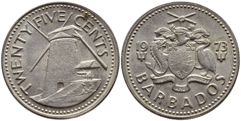 Барбадос 25 центов 1973 ветряная мельница Моргана Льюиса KM 13 медно-никель 4398-314