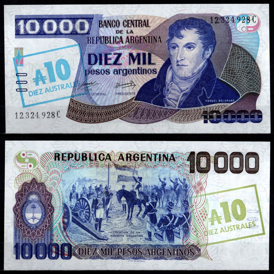 Аргентина 10 аустралей ND (1985) надпечатка  Pick 322 бумага  UNC (пресс) 7202-20-2
