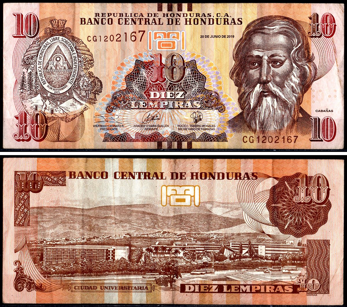 Гондурас 10 лемпира 2019 Pick 99 бумага 3295-93-3-1