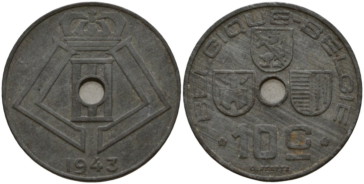 Бельгия 10 сантимов 1943 Belgique - Belgie, Леопольд III (1934-1947), германская оккупация, Вторая мировая война KM 125 цинк 4161-324