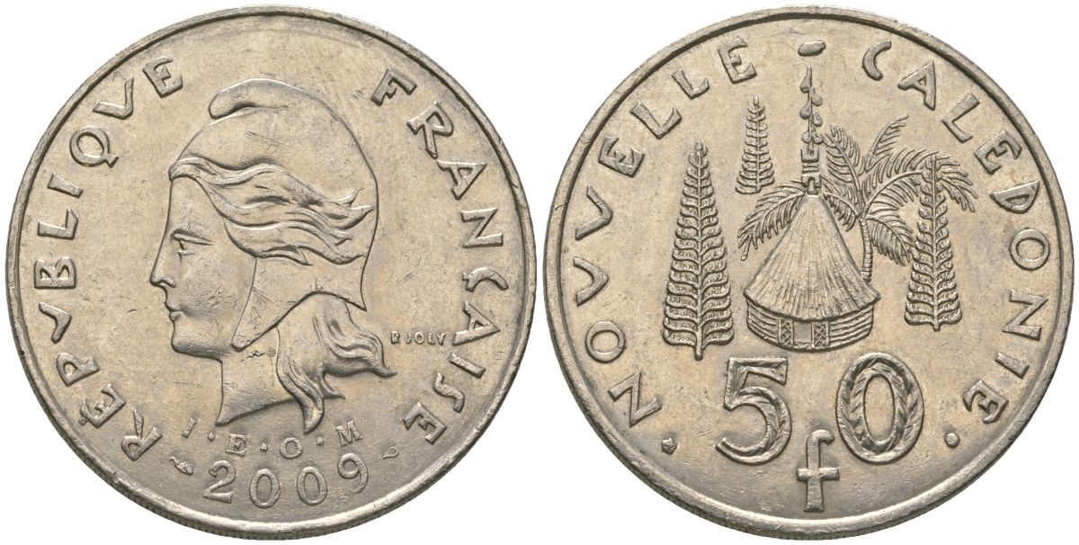 Французская Новая Каледония 50 франков 2009 хижина среди сосен и пальм, (IEOM) KM 13a, Schoen 15a, Lec 128i медно-никель 114-1021
