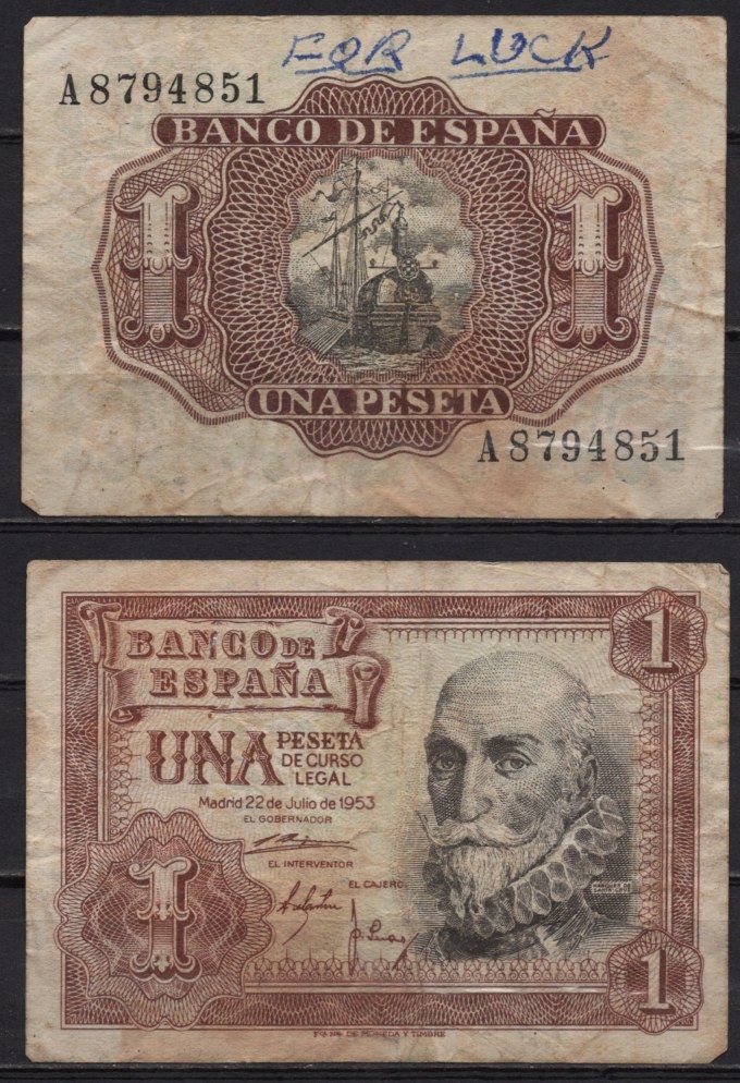Испания 1 песета 1953 Маркес де Санта-Крус, парусное судно Pick 144 бумага 8518-50-2-2