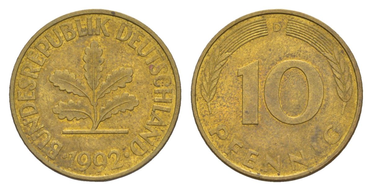 Германия 10 пфеннигов 1992 D KM 108, J. 383 сталь плакированная латунью aUNC 4627-129