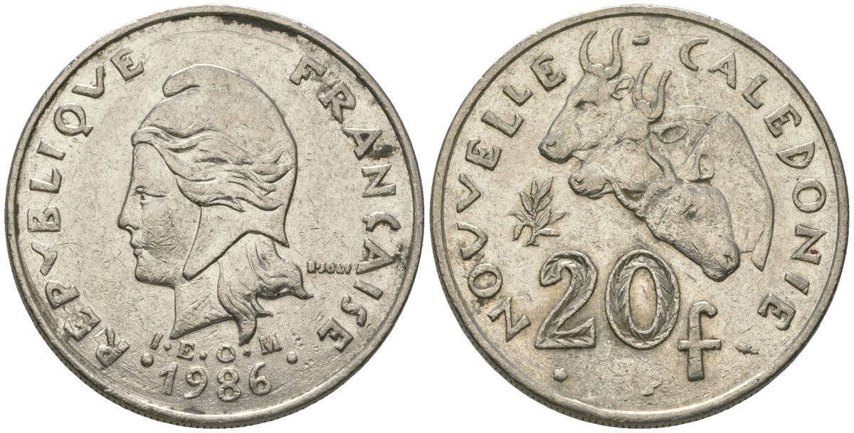 Французская Новая Каледония 20 франков 1986 три быка, (IEOM) KM 12, Schoen 14, Lec 112 никель 4680-235