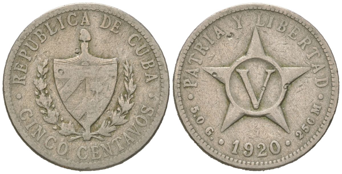 Куба 5 сентаво 1920 звезда, республика (1915-1961) KM 11.1, Y 5, Schoen 5 медно-никель 4615-912