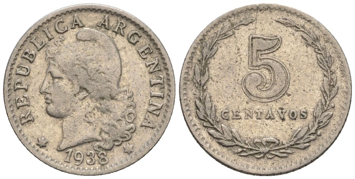 Аргентина 5 сентаво 1938 голова свободы влево KM 34, CJ 168, Schon 37 медно-никель    4609-1129