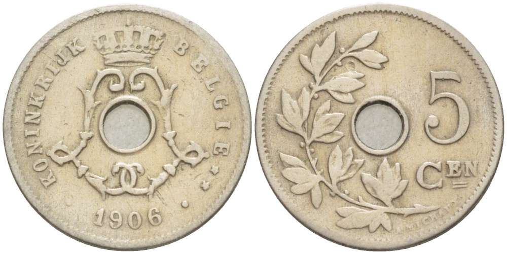 Бельгия 5 сантимов 1906 Belgie, Леопольд II (1865-1909) KM 55 медно-никель 4516-728