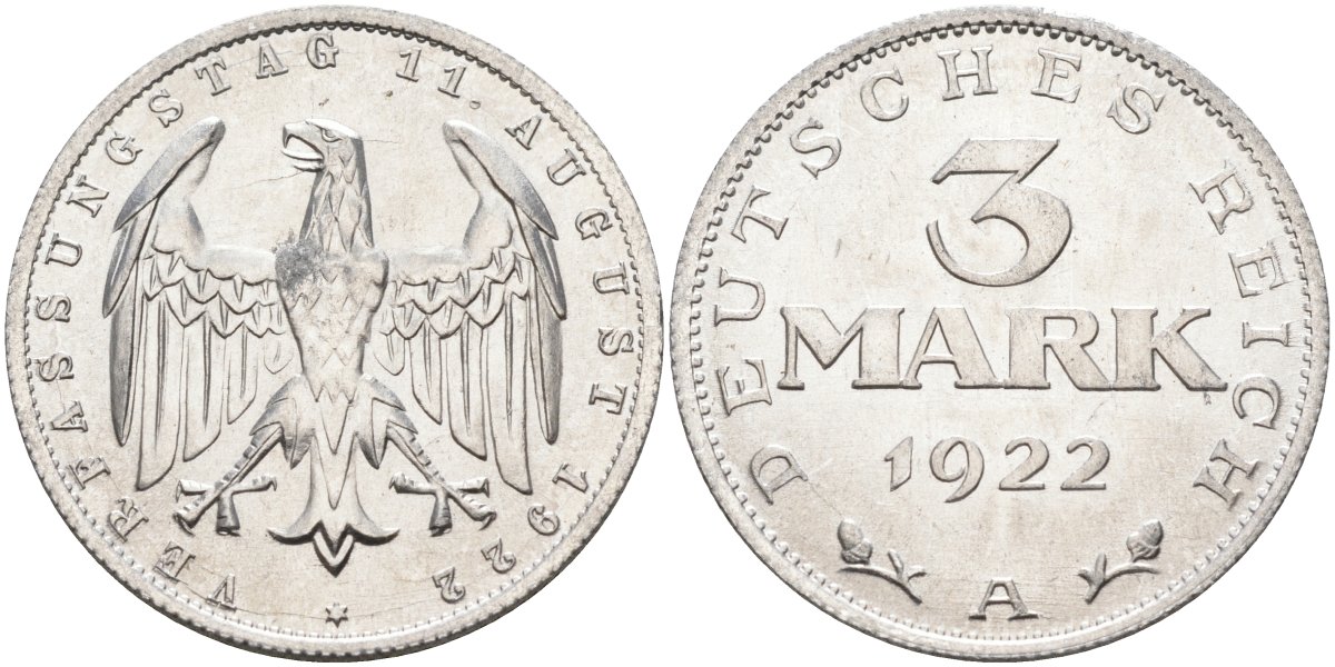 Германия 3 марки 1922 A, третья годовщина Веймарской Конституции KM 29, J.303 алюминий UNC 4587-225