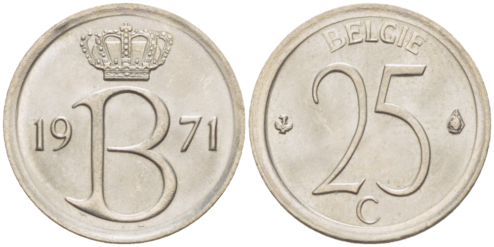 Бельгия 25 сантимов 1971 Belgie, Бодуэн I (1951-1993 KM 154.1 медно-никель UNC 3996-1124