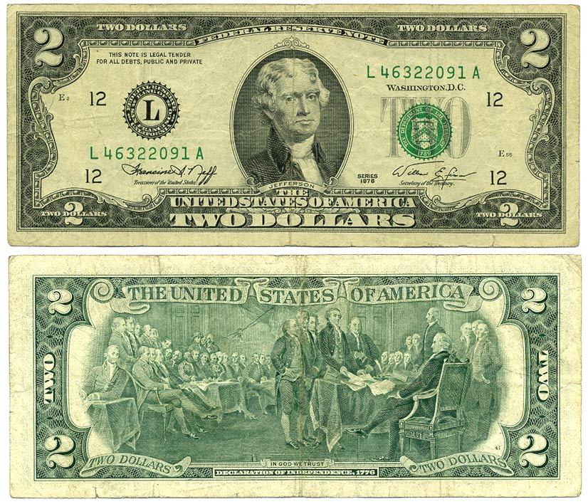 США 2 доллар 1976 Буква L, 200 лет независимости Pick 461 бумага 7486-53-1-2