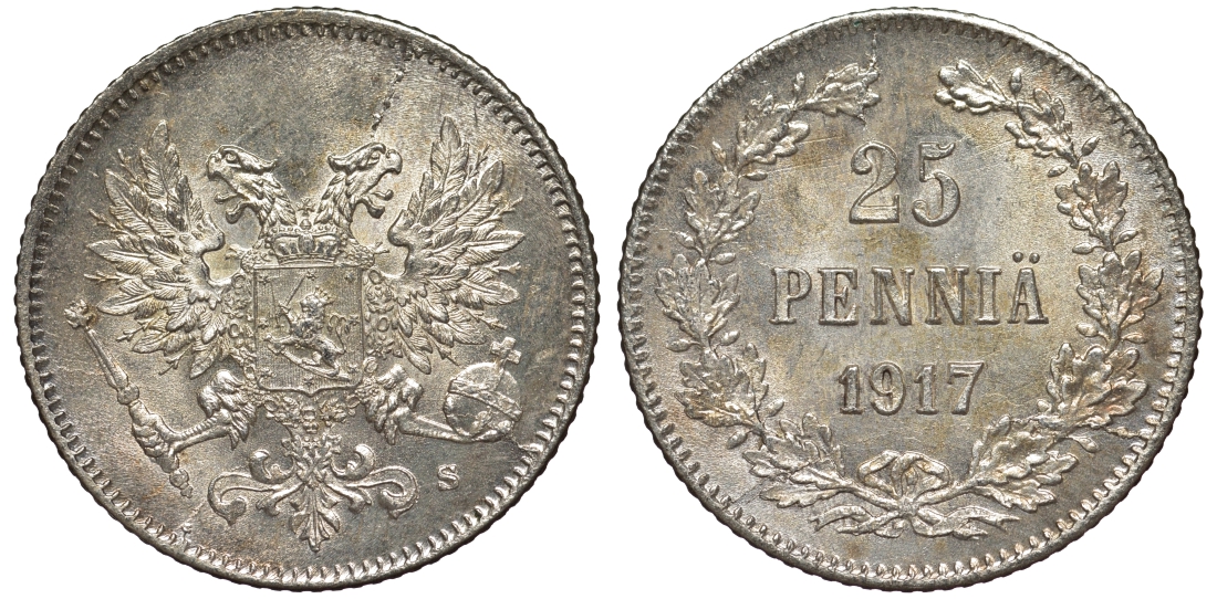 Россия для Финляндии 25 пенни 1917 S, временное правительство, без короны KM 19, Биткин 2 серебро 75-1466