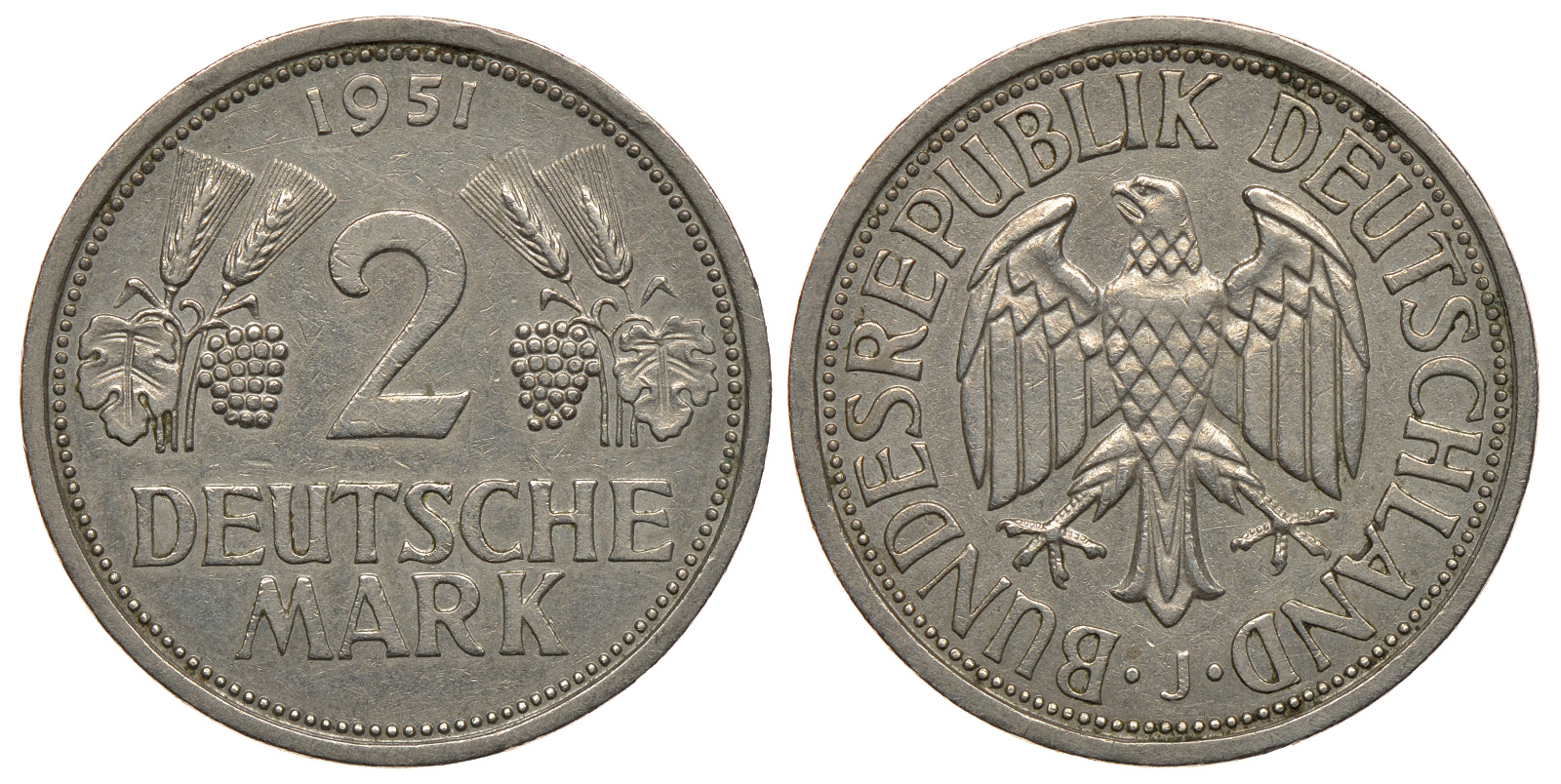 ФРГ 2 марки 1951 J J. 386, KM 111 медно-никель плакированный никелем 413-4334