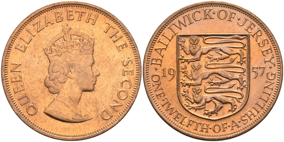 Джерси 1/12 шиллинга 1957 Елизавета II (1952-2022) KM 21 бронза aUNC 4367-324