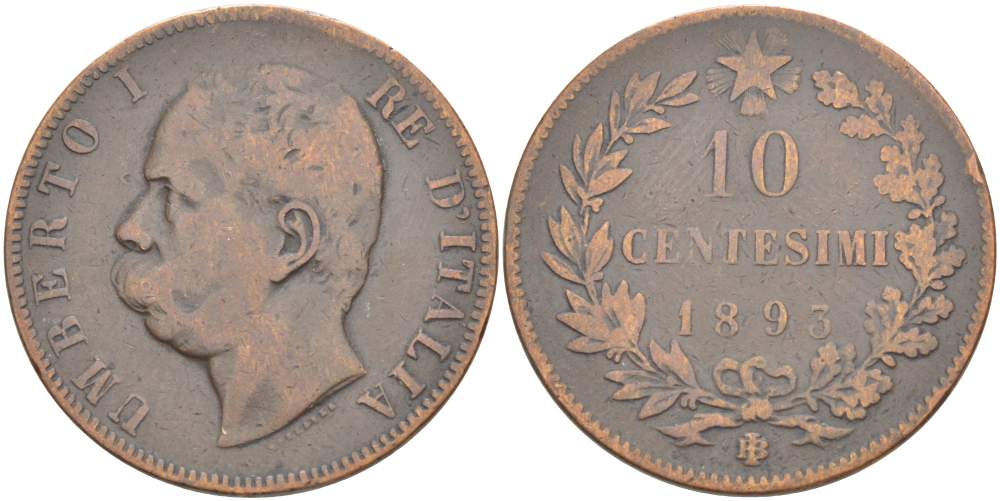 ИТАЛИЯ 10 ЧЕНТЕЗИМО 1893 BЛ, МОНДВОР БИРМИНГЕМ, УМБЕРТО I (1878-1900) KM 27.1 медь 4526-934