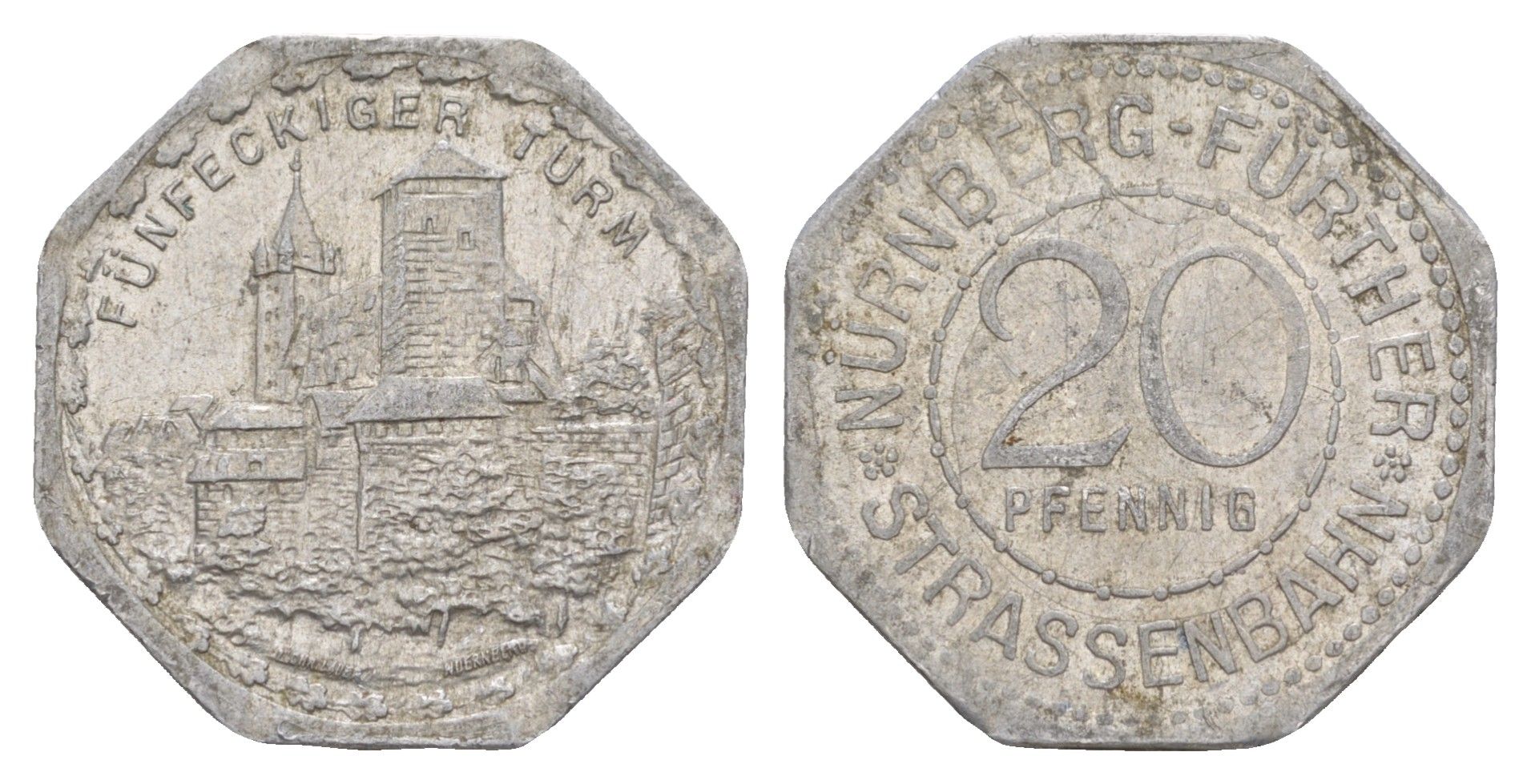 Нюрнберг трамвайный (транспортный) жетон в 20 пфеннигов ND (1920-1921) пятиугольная башня Men05 19256.12, Men18 24102.12 алюминий aUNC 4586-255