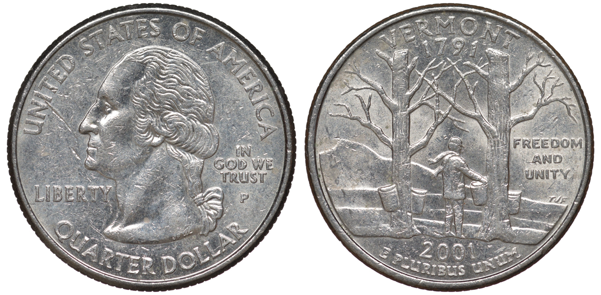 США 25 центов = квотер 2001 Р, серия штаты США, Вермонт KM 321 медь плакированная медно-никелем 4538-321
