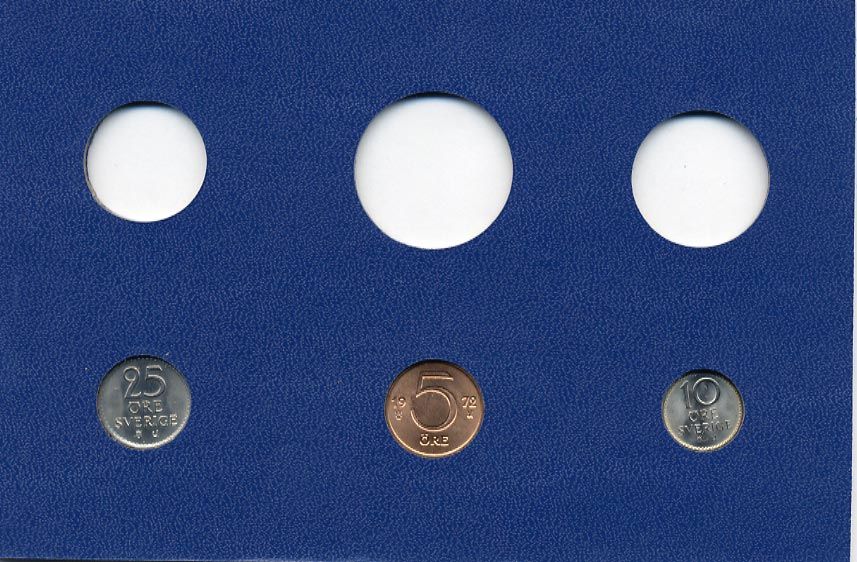 Швеция 5, 10, 25 эре 1972 Густав VI Адольф (1950-1973) в картоне набора монетного двора UNC 7-5-7-263