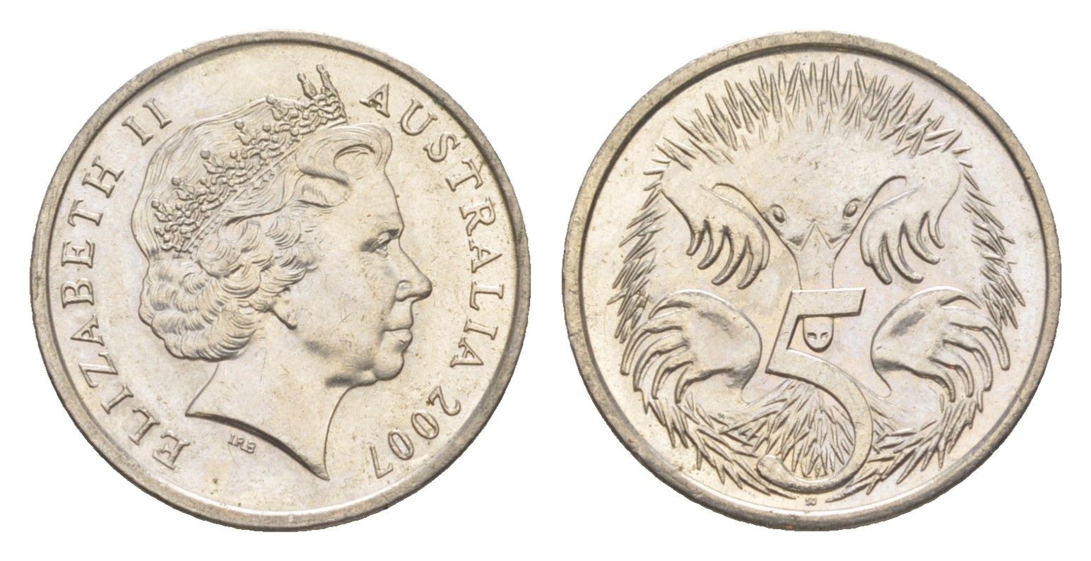 Австралия 5 центов 2007 Елизавета II (1952-2022), ехидна KM 401 медно-никель 4154-267