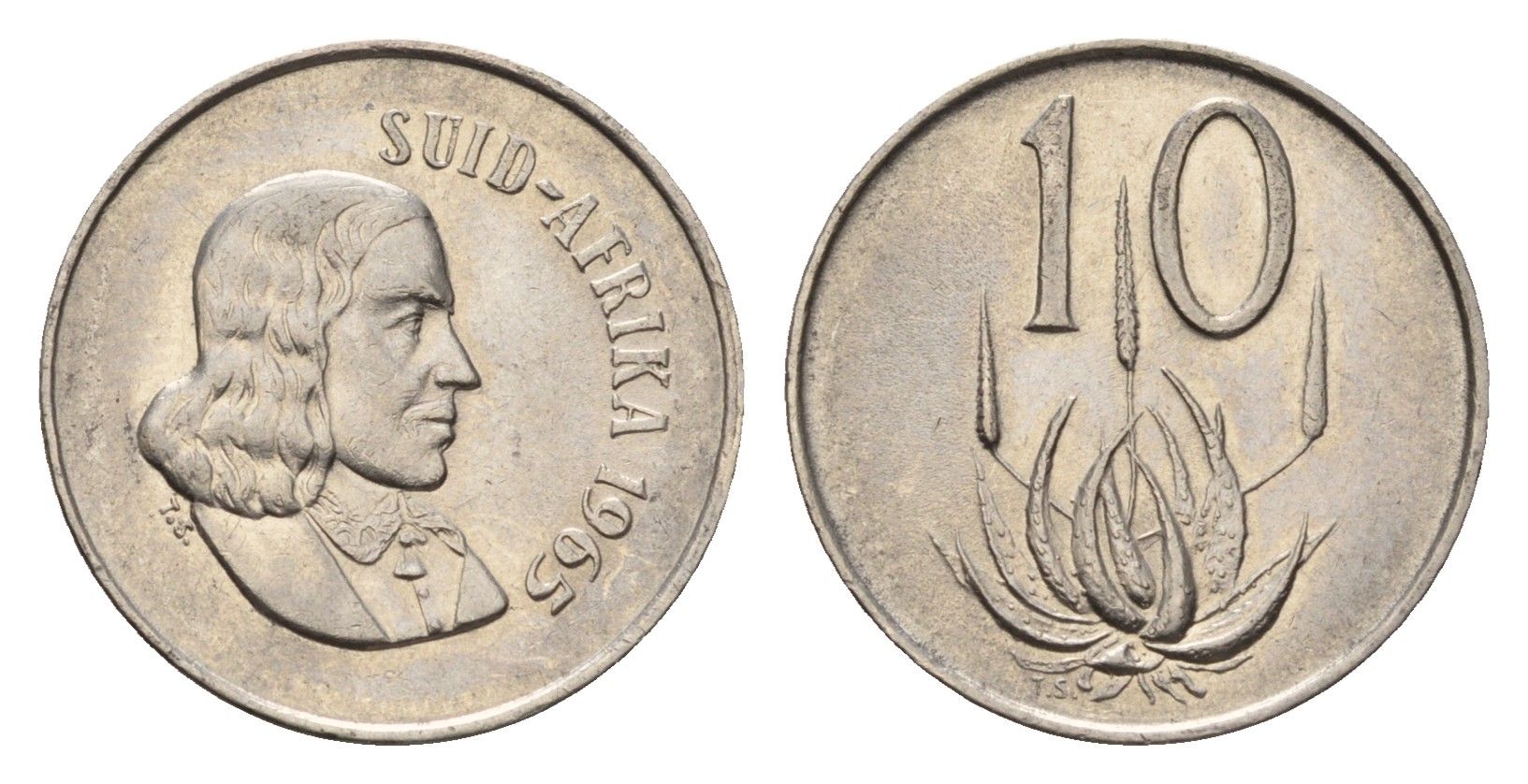 ЮАР 10 центов 1965 Ян ван Рибек (1619-1677), Suid Africa, легенда на африкаанс, цветок алоэ KM 68.2 никель 4687-331