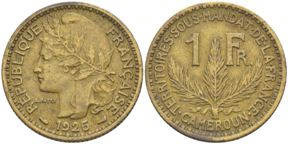 Французский Камерун 1 франк 1925 (а), монетный двор Париж KM 2 алюминиевая бронза 33-635