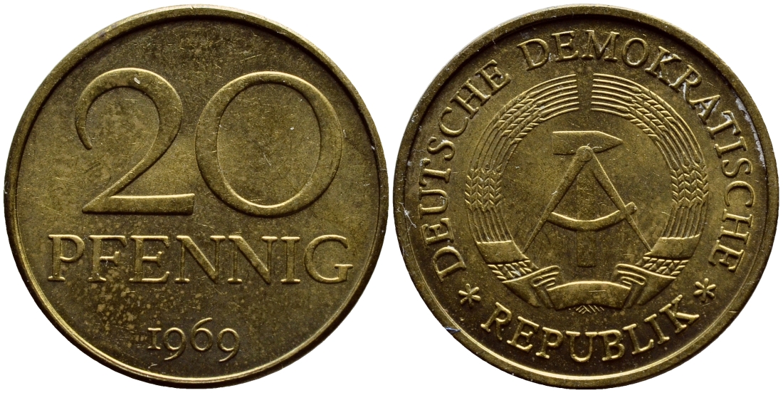 ГДР 20 пфеннигов 1969 А, первый год KM 11 латунь UNC 4398-223