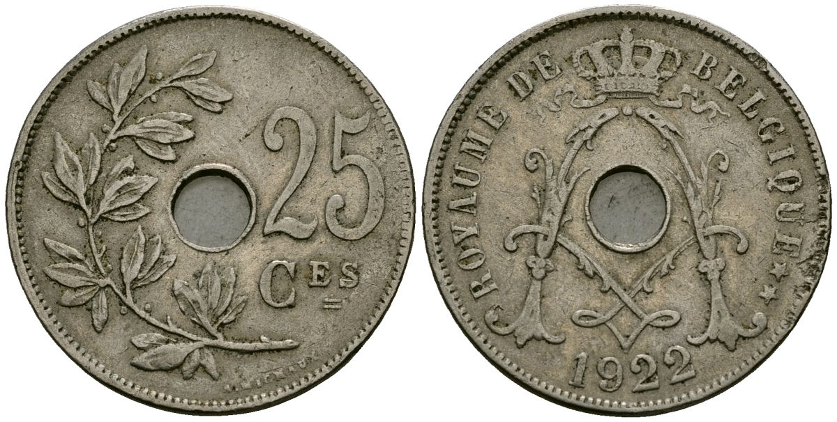 Бельгия 25 сантимов 1922 Belgique KM 68 медно-никель 4168-1242