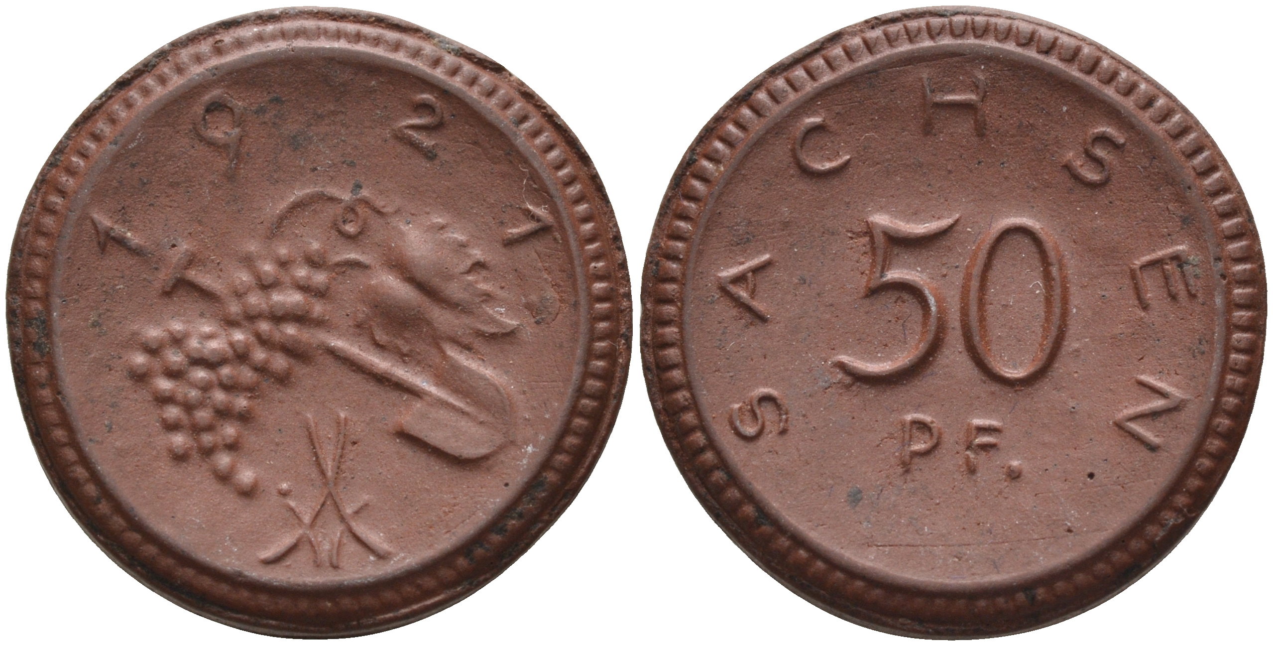 Саксония 50 пфеннигов 1921 виноград и лопата J. N 54 фарфор 1094-5-71