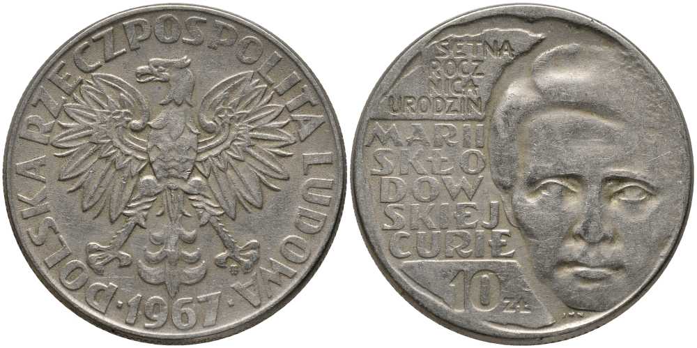Польша 10 злотых 1967 MW, 100 лет со дня рождения Марии Склодовской-Кюри KM 59 медно-никель 180-242