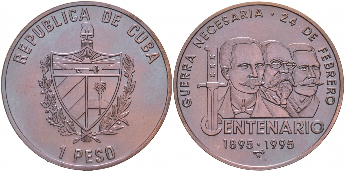 Куба 1 песо 1995 100 лет со дня победы в войне за независимость KM 520 медь UNC 1526-124 M2-12