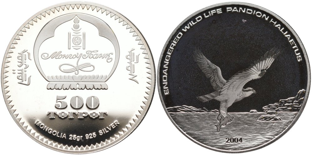 Монголия 500 тугриков 2004 серия сохраним наш мир, скопа (Pandion haliaetus) KM 208 серебро PROOF 01-163-22
