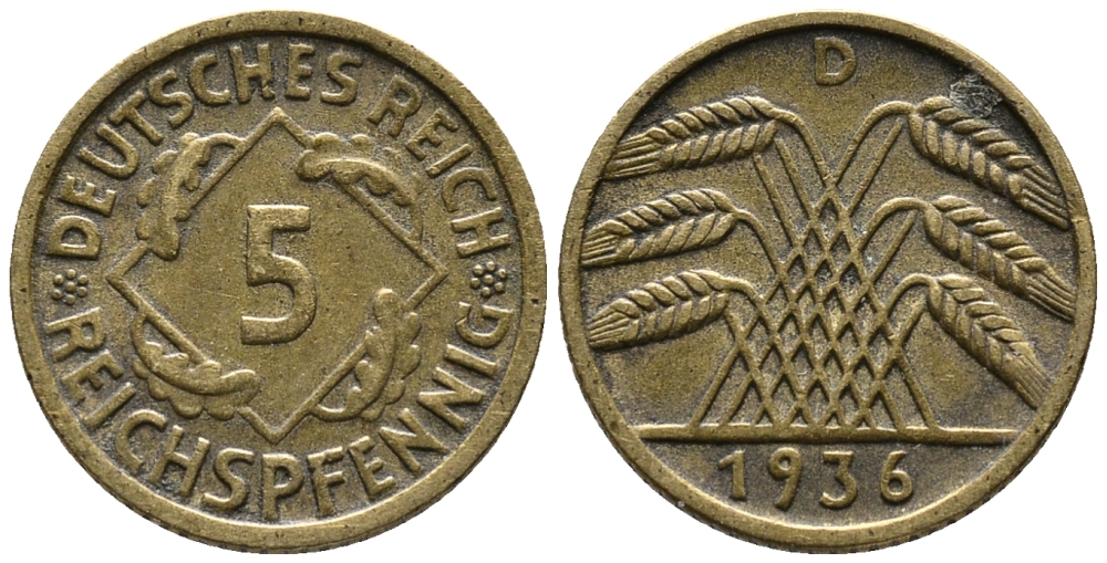 ГЕРМАНИЯ 5 РЕЙХСПФЕННИГОВ 1936 D KM 39, J. 316 алюминиевая бронза 39-618