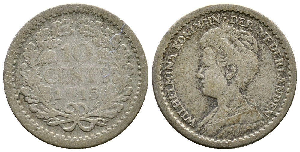 НИДЕРЛАНДЫ 10 ЦЕНТОВ 1915 ВИЛЬГЕЛЬМИНА KM серебро 46-767