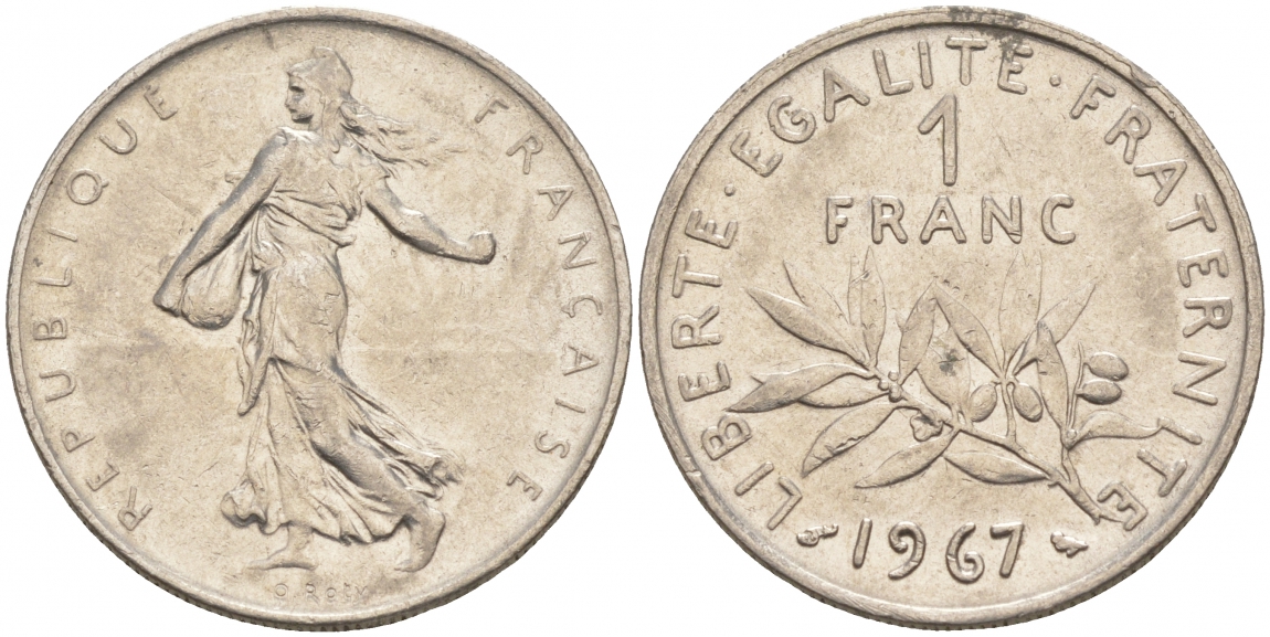 ФРАНЦИЯ 1 ФРАНК 1967 СЕЯТЕЛЬ KM 925.1 никель 68-113