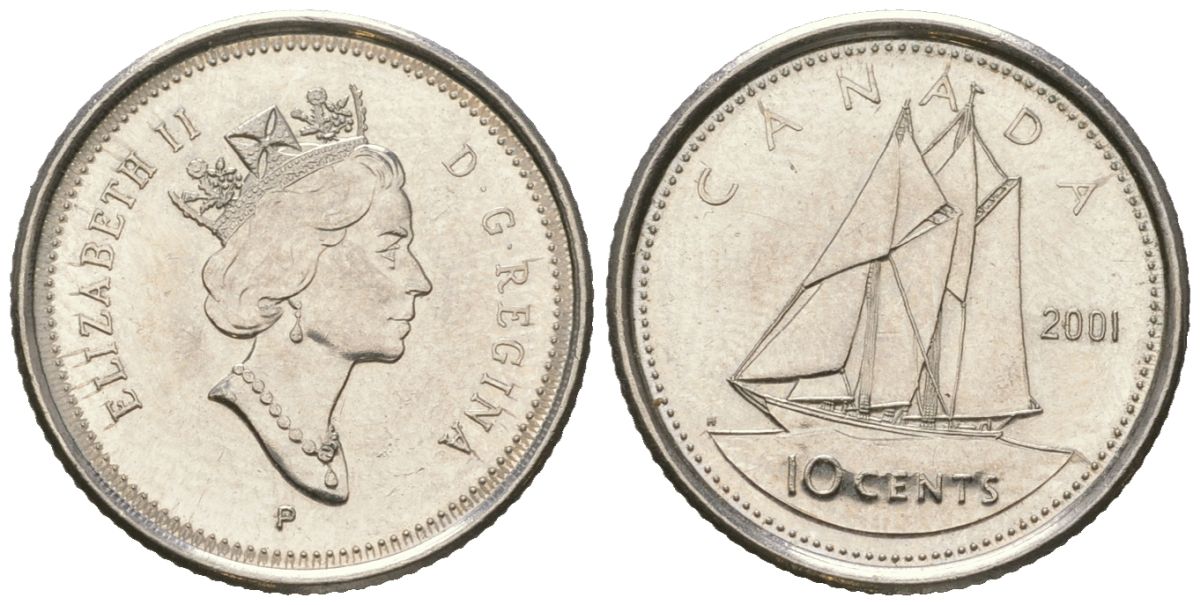 Канада 10 центов 2001 P, Елизавета II (1952-2022), парусник KM 183b сталь плакированный никелем UNC 4381-958