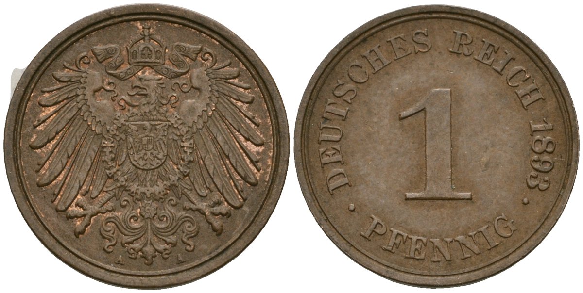 Германия 1 пфенниг 1893 A, Вильгельм II (1888-1918) KM 10, J. 10 медь 3955-1035