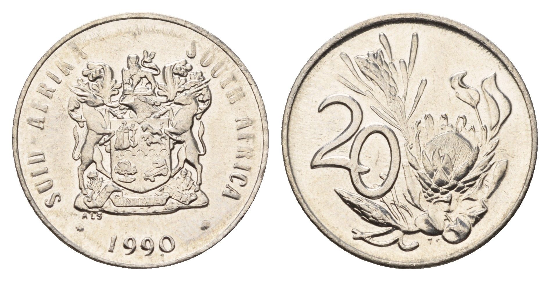 ЮАР 20 центов 1990 герб, цветок протея KM 86 никель UNC 4119-1131