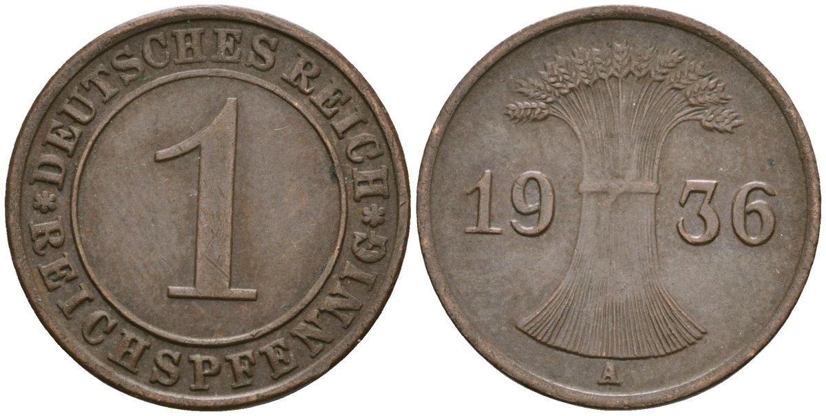 Германия 1 рейхспфенниг 1936 A KM 37, J. 313 бронза 4549-322